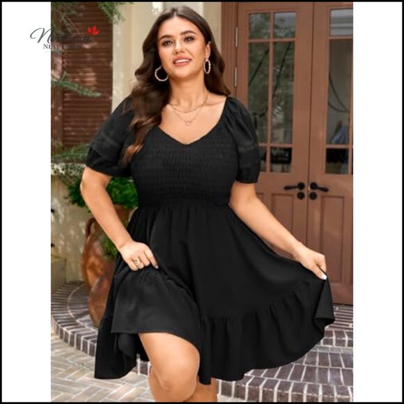 Polyester V Neck Mini Dress with Smocked Bodice and Puff Sleeves - Picture 2 of 7